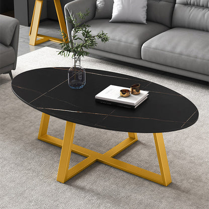 Slate Oval Coffee Table Cross Legs Single Table for Living Room Gold Black Clearhalo 'Coffee & Accent Tables' 'Coffee Tables' 'coffee_tables' 'furn' 'furn_coffee_tables' 'Furniture' 'Living Room Furniture' 7230723