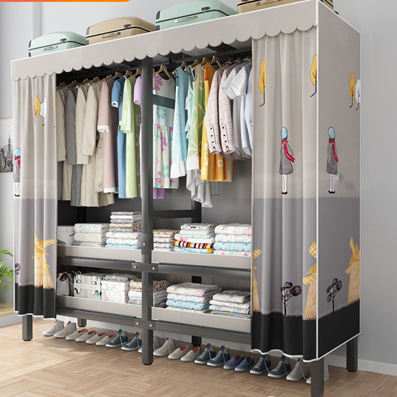 Foldable Freestanding Wardrobe Metal Frame Multifunctional Wardrobe 59.1"L x 19.7"W x 70.9"H Light Gray Clearhalo 'Armoires & Wardrobes' 'armoires_wardrobes' 'Bedroom Furniture' 'furn' 'furn_armoires_wardrobes' 'Furniture' 7235788