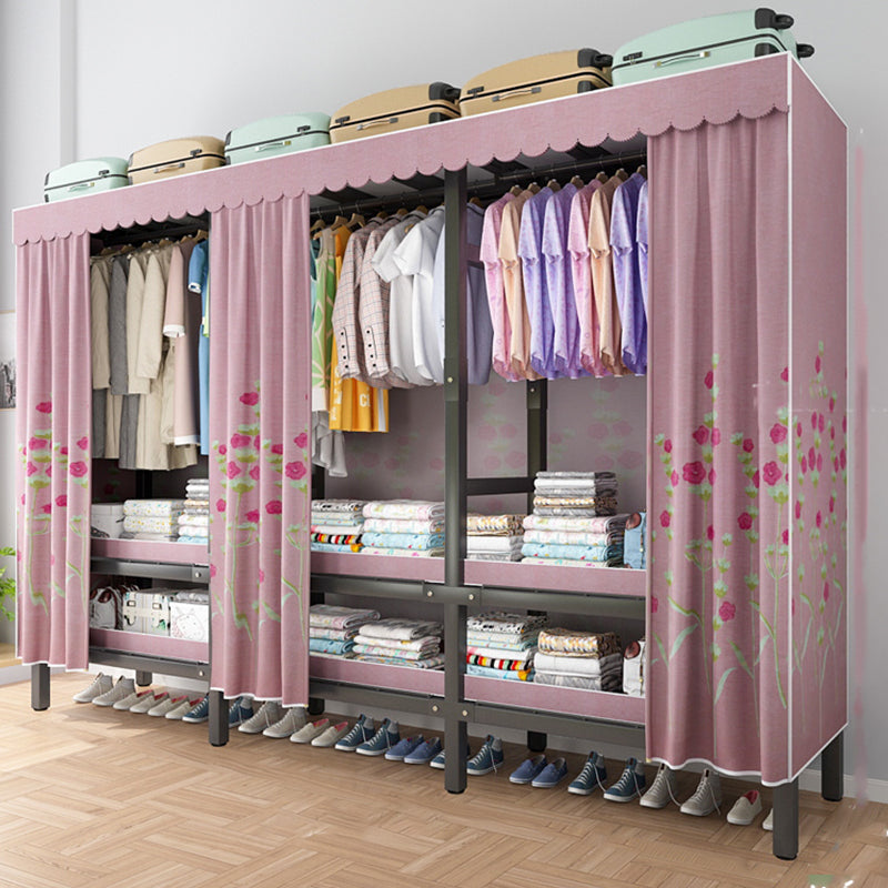 Foldable Freestanding Wardrobe Metal Frame Multifunctional Wardrobe 80"L x 20"W x 71"H Pink Clearhalo 'Armoires & Wardrobes' 'armoires_wardrobes' 'Bedroom Furniture' 'furn' 'furn_armoires_wardrobes' 'Furniture' 7235798