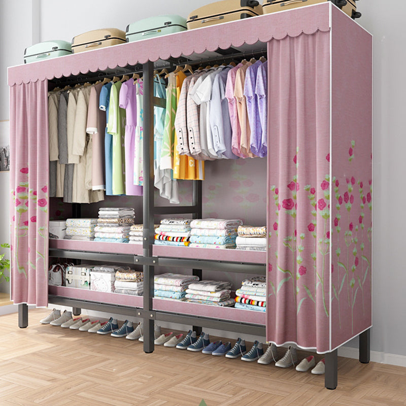 Foldable Freestanding Wardrobe Metal Frame Multifunctional Wardrobe 67"L x 20"W x 71"H Pink Clearhalo 'Armoires & Wardrobes' 'armoires_wardrobes' 'Bedroom Furniture' 'furn' 'furn_armoires_wardrobes' 'Furniture' 7235800