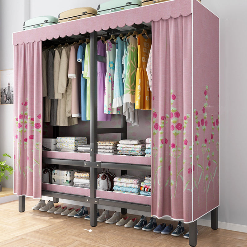 Foldable Freestanding Wardrobe Metal Frame Multifunctional Wardrobe 50"L x 20"W x 71"H Pink Clearhalo 'Armoires & Wardrobes' 'armoires_wardrobes' 'Bedroom Furniture' 'furn' 'furn_armoires_wardrobes' 'Furniture' 7235802