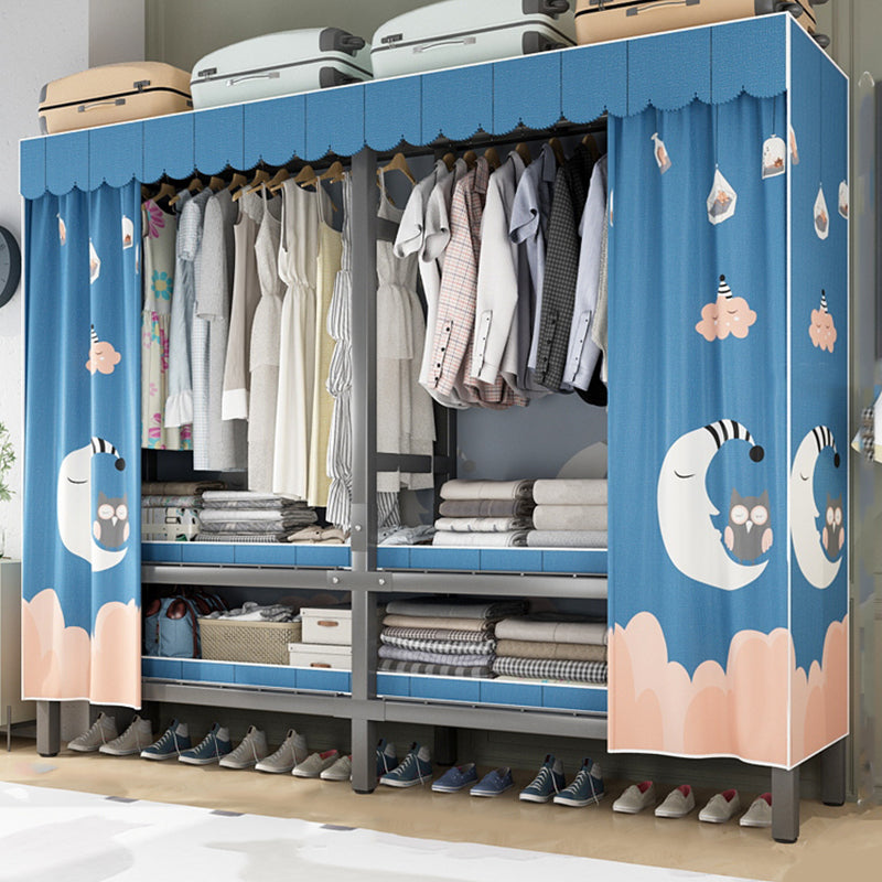 Foldable Freestanding Wardrobe Metal Frame Multifunctional Wardrobe 67"L x 20"W x 71"H Dark Blue Clearhalo 'Armoires & Wardrobes' 'armoires_wardrobes' 'Bedroom Furniture' 'furn' 'furn_armoires_wardrobes' 'Furniture' 7235812