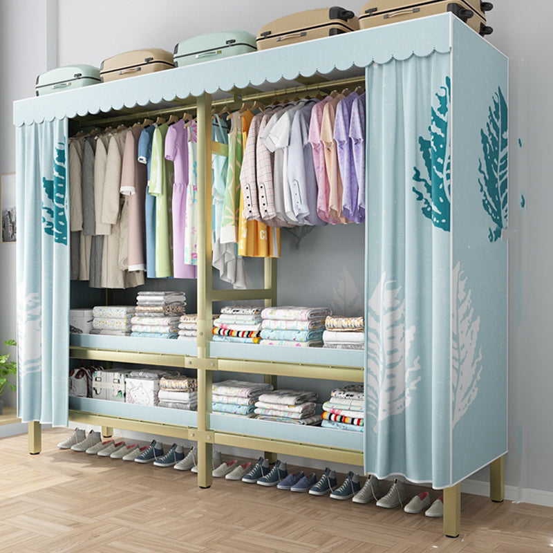 Foldable Freestanding Wardrobe Metal Frame Multifunctional Wardrobe 67"L x 20"W x 71"H Gold Blue Clearhalo 'Armoires & Wardrobes' 'armoires_wardrobes' 'Bedroom Furniture' 'furn' 'furn_armoires_wardrobes' 'Furniture' 7235814