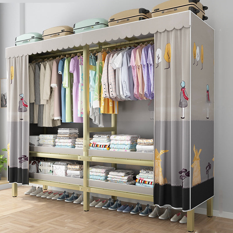 Foldable Freestanding Wardrobe Metal Frame Multifunctional Wardrobe 67"L x 20"W x 71"H Gold-grey Clearhalo 'Armoires & Wardrobes' 'armoires_wardrobes' 'Bedroom Furniture' 'furn' 'furn_armoires_wardrobes' 'Furniture' 7235816