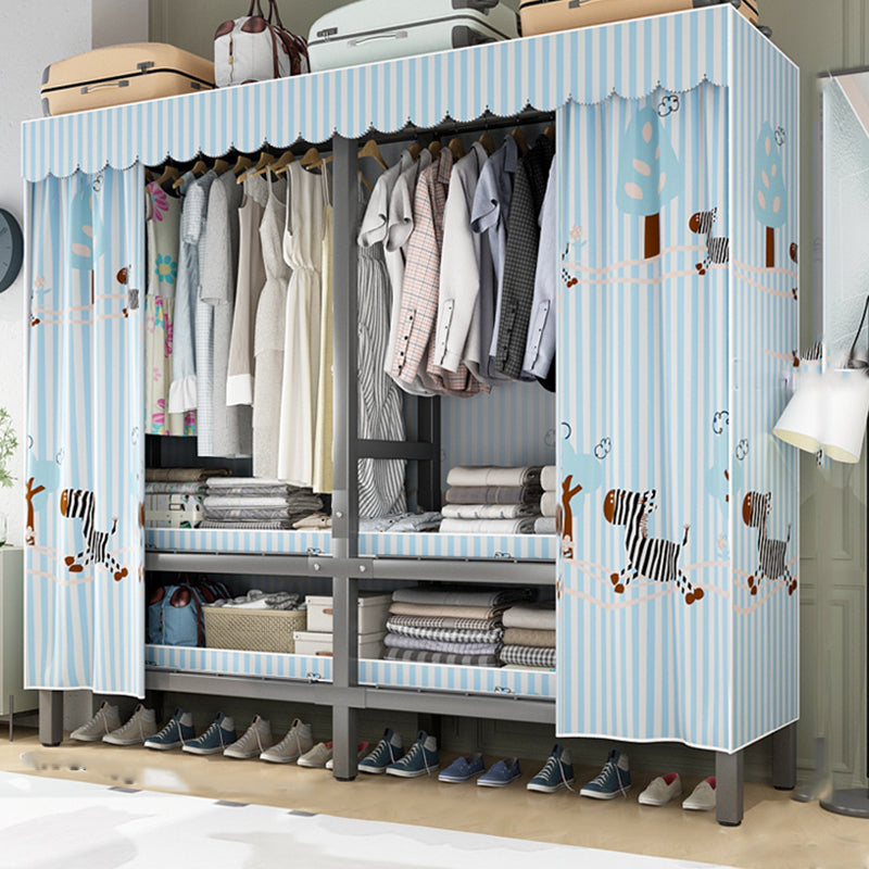 Foldable Freestanding Wardrobe Metal Frame Multifunctional Wardrobe 59.1"L x 19.7"W x 70.9"H Blue Striped Clearhalo 'Armoires & Wardrobes' 'armoires_wardrobes' 'Bedroom Furniture' 'furn' 'furn_armoires_wardrobes' 'Furniture' 7235817