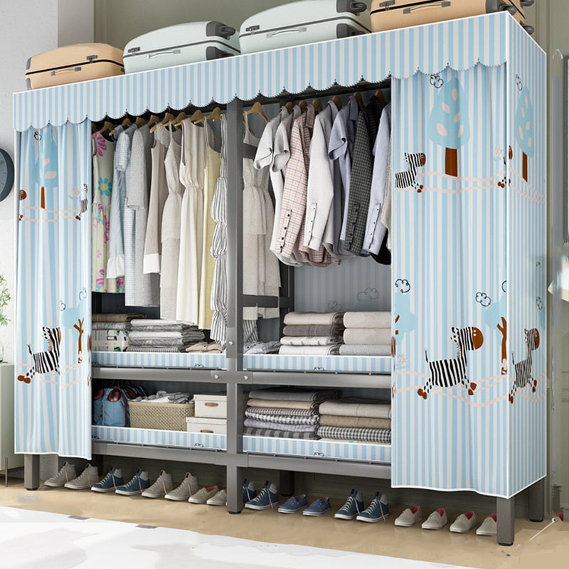 Foldable Freestanding Wardrobe Metal Frame Multifunctional Wardrobe 67"L x 20"W x 71"H Blue Striped Clearhalo 'Armoires & Wardrobes' 'armoires_wardrobes' 'Bedroom Furniture' 'furn' 'furn_armoires_wardrobes' 'Furniture' 7235818