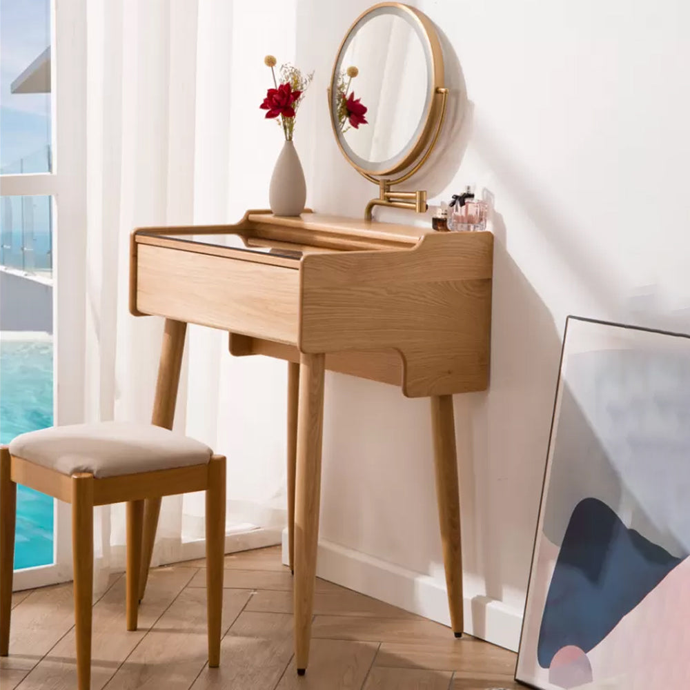 Modern Mirrored Glass Drawers Make-up Vanity with Storage for Bedroom Makeup Vanity & Mirror & Stools Natural Clearhalo 'Bedroom Furniture' 'furn' 'furn_makeup_vanities' 'Furniture' 'Makeup Vanities' 'makeup_vanities' 7237927