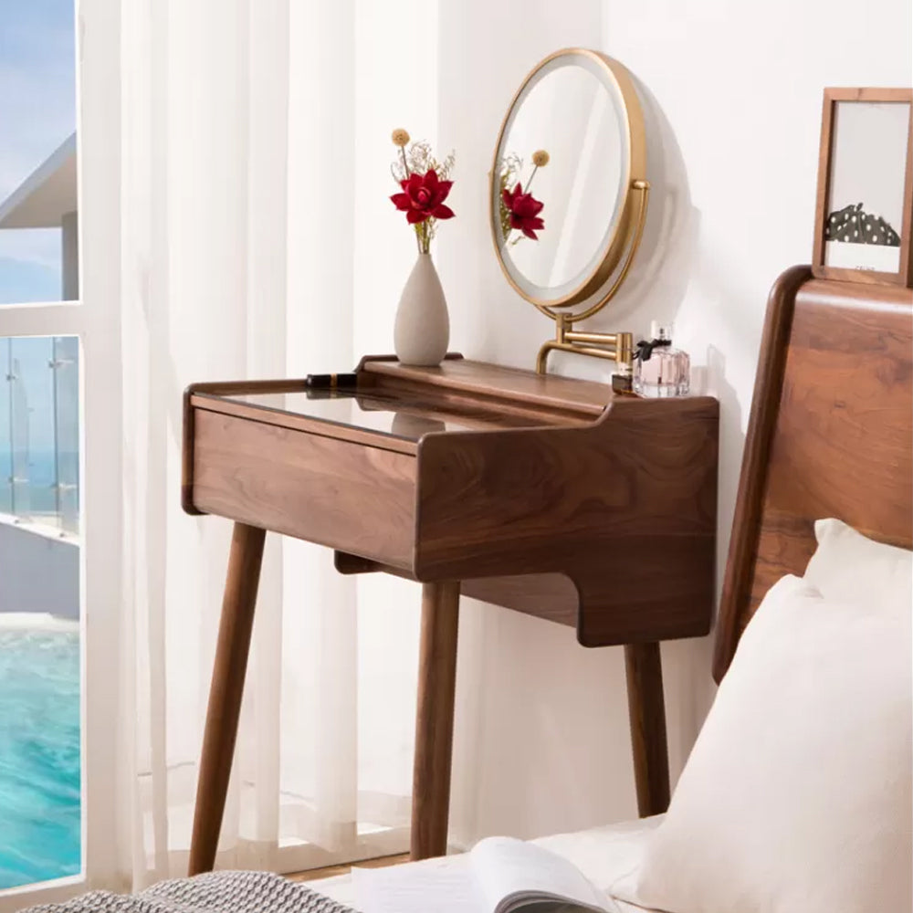 Modern Mirrored Glass Drawers Make-up Vanity with Storage for Bedroom Makeup Vanity & Mirror Walnut Clearhalo 'Bedroom Furniture' 'furn' 'furn_makeup_vanities' 'Furniture' 'Makeup Vanities' 'makeup_vanities' 7237933