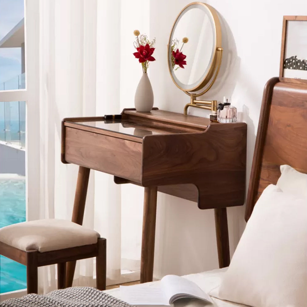 Modern Mirrored Glass Drawers Make-up Vanity with Storage for Bedroom Makeup Vanity & Mirror & Stools Walnut Clearhalo 'Bedroom Furniture' 'furn' 'furn_makeup_vanities' 'Furniture' 'Makeup Vanities' 'makeup_vanities' 7237941