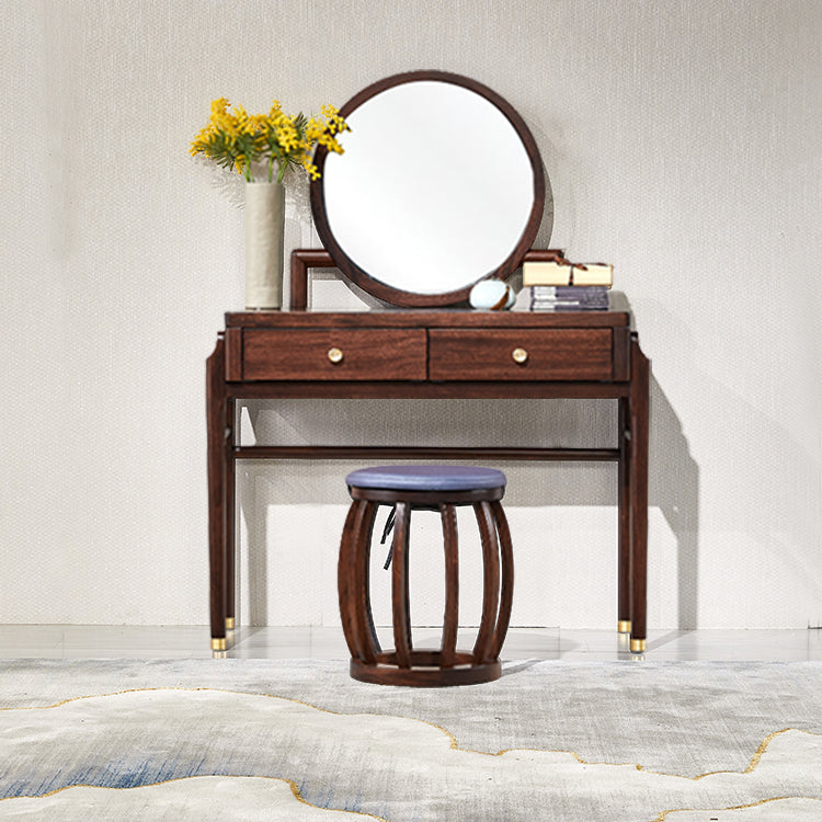 Traditions Solid Wood Vanity Set with Stool Set Brown Dresser with 2-Drawer and Mirror