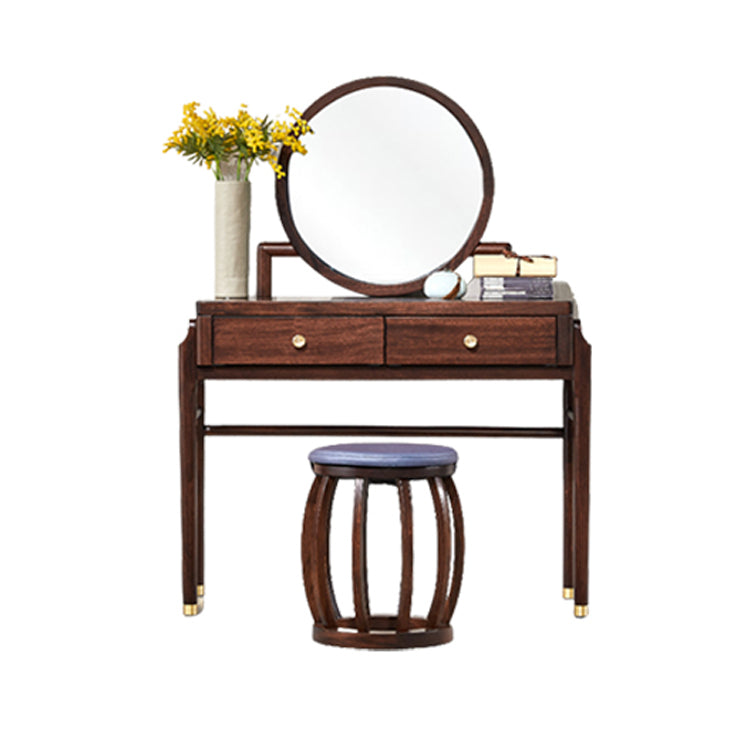 Traditions Solid Wood Vanity Set with Stool Set Brown Dresser with 2-Drawer and Mirror