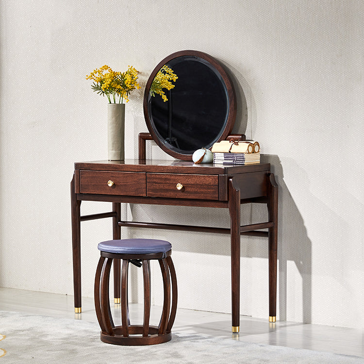 Traditions Solid Wood Vanity Set with Stool Set Brown Dresser with 2-Drawer and Mirror