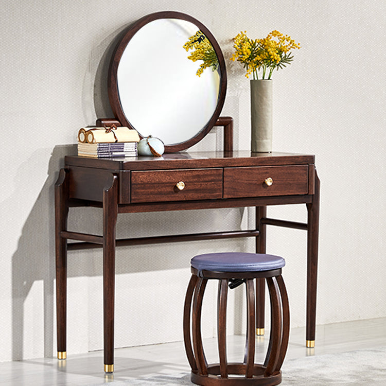 Traditions Solid Wood Vanity Set with Stool Set Brown Dresser with 2-Drawer and Mirror