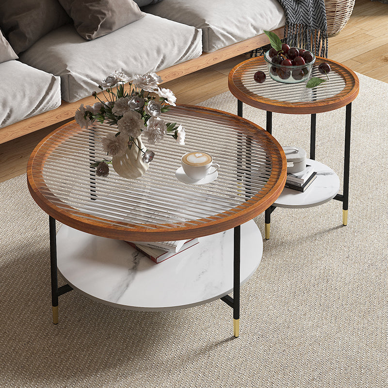 Glass & Slate Round Coffee Table Set Tropical Shelf Included Cocktail Table Clear Clearhalo 'Coffee & Accent Tables' 'Coffee Tables' 'coffee_tables' 'furn' 'furn_coffee_tables' 'Furniture' 'Living Room Furniture' 7240333