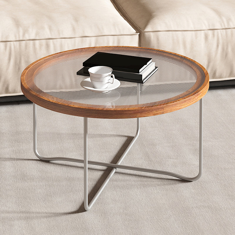 Round Glass Top Coffee Table Set Frame Cocktail Table with Wood Accent 27.5"L x 27.5"W x 15"H Silver Clear Clearhalo 'Coffee & Accent Tables' 'Coffee Tables' 'coffee_tables' 'furn' 'furn_coffee_tables' 'Furniture' 'Living Room Furniture' 7250167