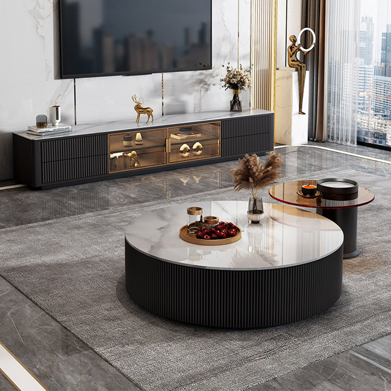 Slate Top Coffee Table Set Drum Cocktail Table with 2 Drawers Clearhalo 'Coffee & Accent Tables' 'Coffee Tables' 'coffee_tables' 'furn' 'furn_coffee_tables' 'Furniture' 'Living Room Furniture' 7251613