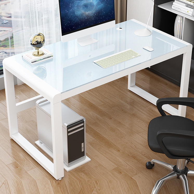 Glass Top Rectangular Gaming Desk Modern 29.53" Tall Computer Desk with Sled Base White White Clearhalo 'furn' 'furn_office_desk' 'Furniture' 'Office Desks' 'Office Furniture' 'office_desk' 7257895