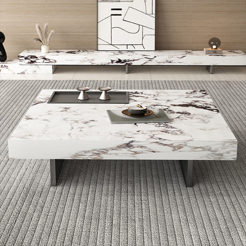 Glam Square Slate Coffee Table Stainless Steel Sled Cocktail Table Clearhalo 'Coffee & Accent Tables' 'Coffee Tables' 'coffee_tables' 'furn' 'furn_coffee_tables' 'Furniture' 'Living Room Furniture' 7258598