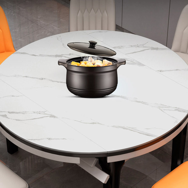 Tavolo da pranzo moderno rotondo in pietra con base in legno di gomma per sala da pranzo