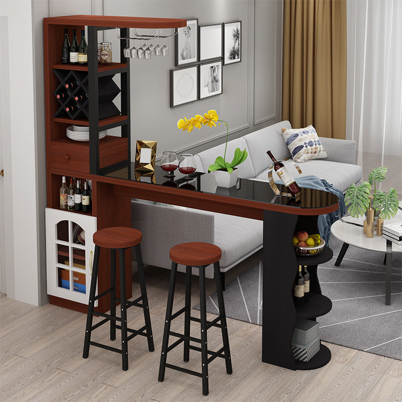 Modern Glass Bar Table Wood Base with Wine Cabinet for Living Room Dark Brown Without Chairs Clearhalo 'Bar Furniture' 'Bar Tables' 'bar_tables' 'furn' 'furn_bar_tables' 'Furniture' 'Kitchen & Dining Furniture' 7263245