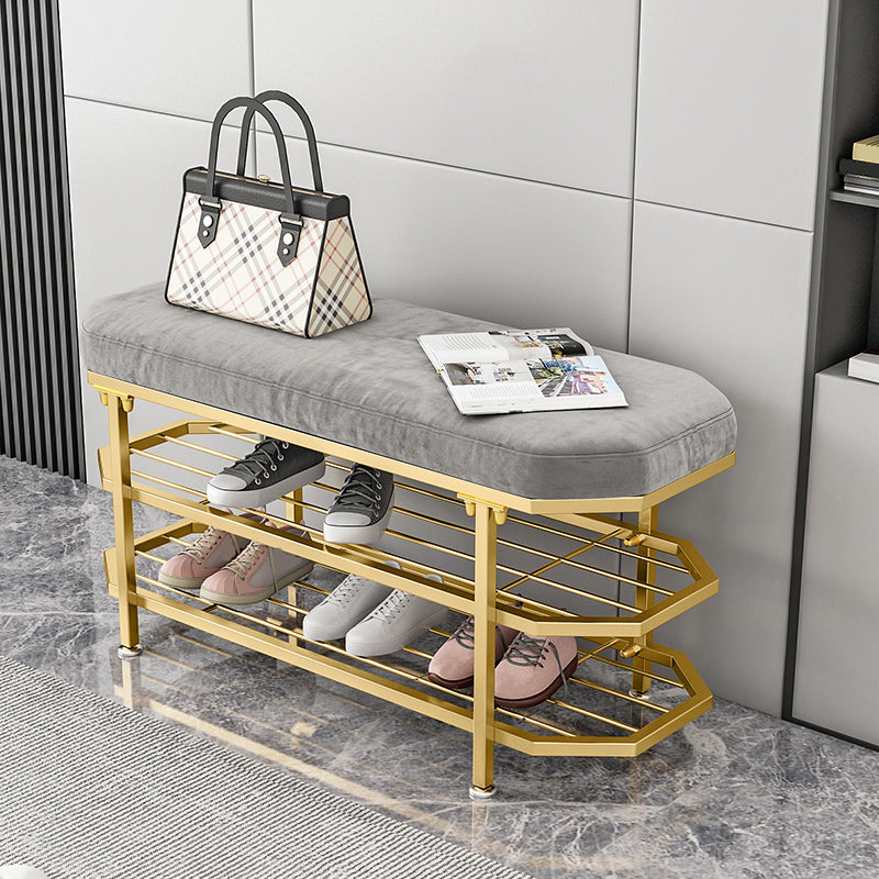 Glam Entryway Bench Cushioned Metal Seating Bench with Shoe Storage Dark Gray Gold Clearhalo 'Benches' 'Chairs & Seating' 'furn' 'furn_benches' 'Furniture' 'Living Room Furniture' 7272624