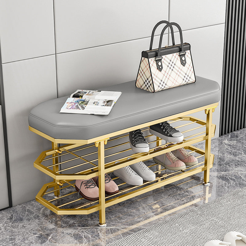 Glam Entryway Bench Cushioned Metal Seating Bench with Shoe Storage Gray-Gold Clearhalo 'Benches' 'Chairs & Seating' 'furn' 'furn_benches' 'Furniture' 'Living Room Furniture' 7272627
