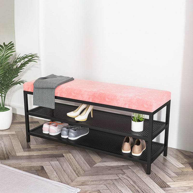 Glam Entryway Bench Cushioned Metal Seating Bench with Shoe Storage Pink Clearhalo 'Benches' 'Chairs & Seating' 'furn' 'furn_benches' 'Furniture' 'Living Room Furniture' 7272629