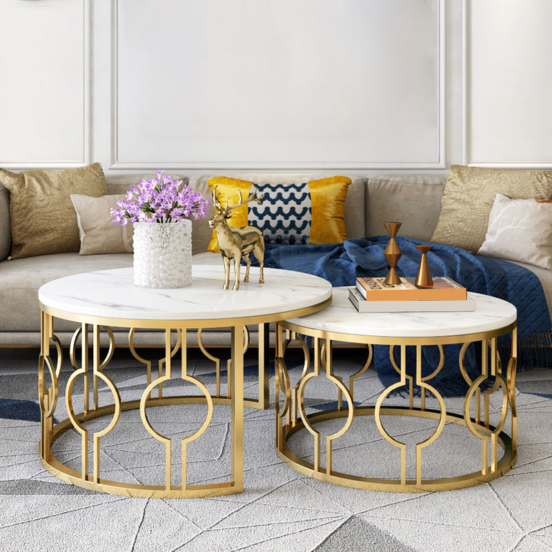 Slate White Coffee Table Frame 2 Piece Nesting Tables for Living Room 24"L x 24"W x 18"H + 18"L x 18"W x 16"H Gloss White Gold Clearhalo 'Coffee & Accent Tables' 'Coffee Tables' 'coffee_tables' 'furn' 'furn_coffee_tables' 'Furniture' 'Living Room Furniture' 7272741