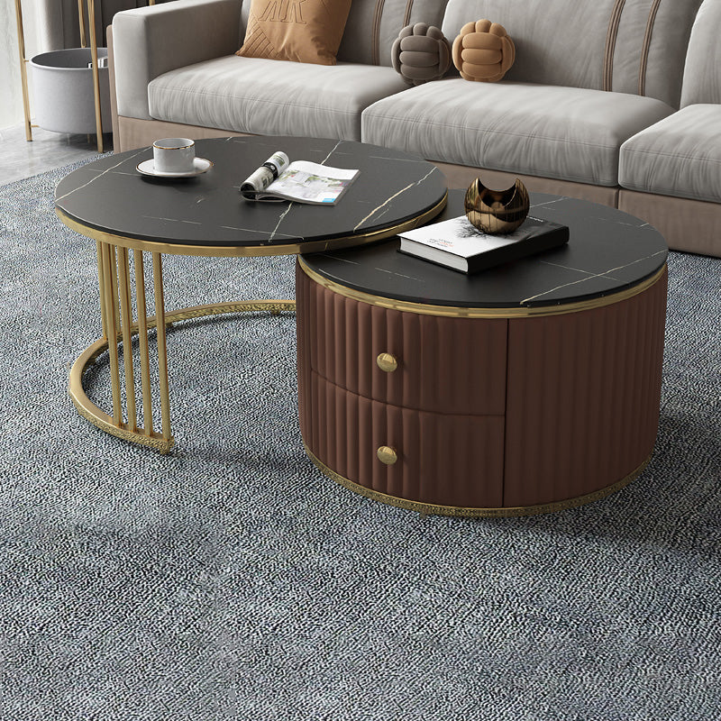 Round Coffee Table Glass Top Nesting Coffee Table Set with Golden Legs 31.5"L x 31.5"W x 16"H + 28"L x 28"W x 14"H Black Clearhalo 'Coffee & Accent Tables' 'Coffee Tables' 'coffee_tables' 'furn' 'furn_coffee_tables' 'Furniture' 'Living Room Furniture' 7272773