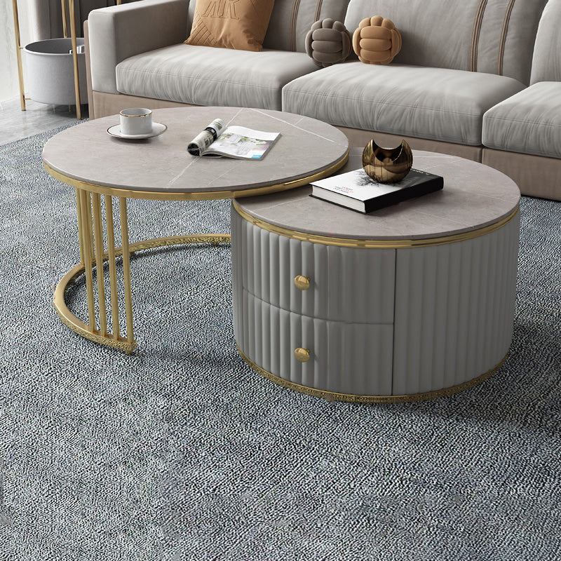 Round Coffee Table Glass Top Nesting Coffee Table Set with Golden Legs 31.5"L x 31.5"W x 16"H + 28"L x 28"W x 14"H Grey Clearhalo 'Coffee & Accent Tables' 'Coffee Tables' 'coffee_tables' 'furn' 'furn_coffee_tables' 'Furniture' 'Living Room Furniture' 7272785