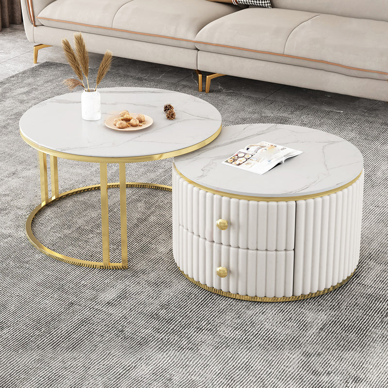 Round Coffee Table Glass Top Nesting Coffee Table Set with Golden Legs 27.5"L x 27.5"W x 15.7"H + 19.7"L x 19.7"W x 13.8"H White Clearhalo 'Coffee & Accent Tables' 'Coffee Tables' 'coffee_tables' 'furn' 'furn_coffee_tables' 'Furniture' 'Living Room Furniture' 7272789