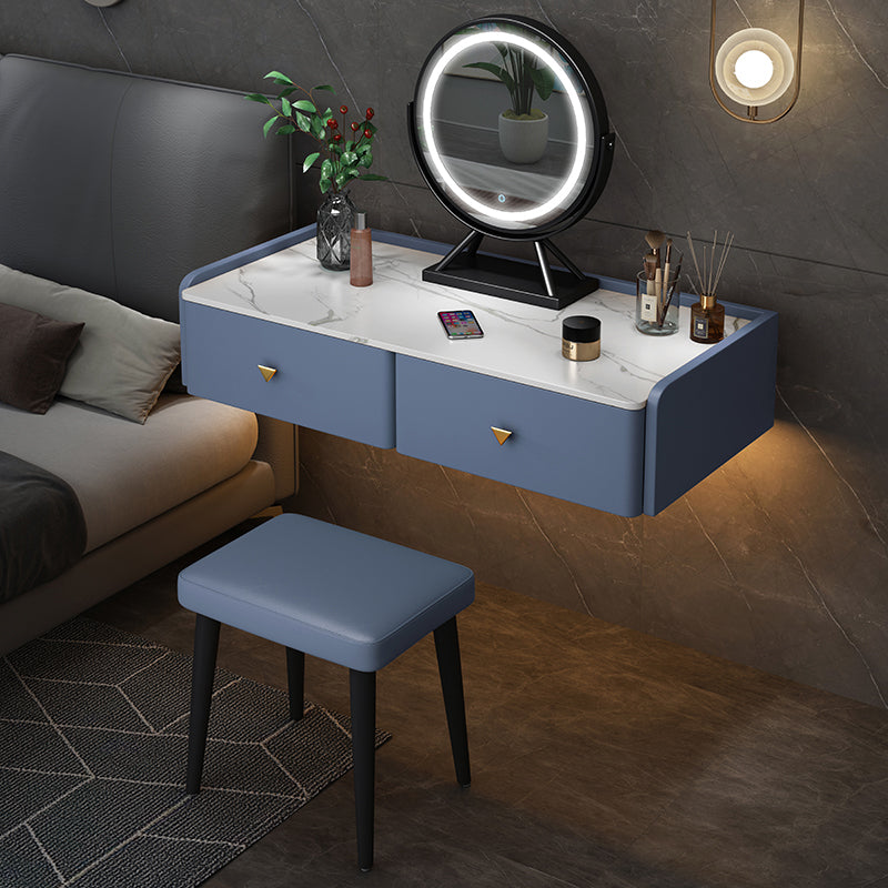 Contemporary Double Drawers Make-up Vanity Marble Makeup Vanity Desk Table Makeup Vanity & Mirror & Stools 31"L x 17"W x 7"H Blue Clearhalo 'Bedroom Furniture' 'furn' 'furn_makeup_vanities' 'Furniture' 'Makeup Vanities' 'makeup_vanities' 7277285