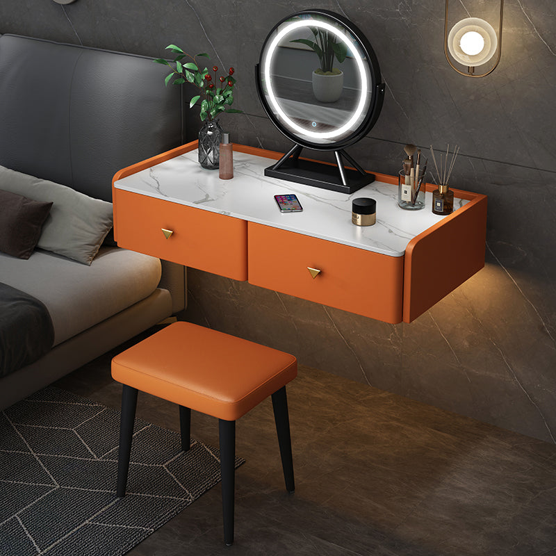 Contemporary Double Drawers Make-up Vanity Marble Makeup Vanity Desk Table Makeup Vanity & Mirror & Stools 31"L x 17"W x 7"H Orange Clearhalo 'Bedroom Furniture' 'furn' 'furn_makeup_vanities' 'Furniture' 'Makeup Vanities' 'makeup_vanities' 7277286