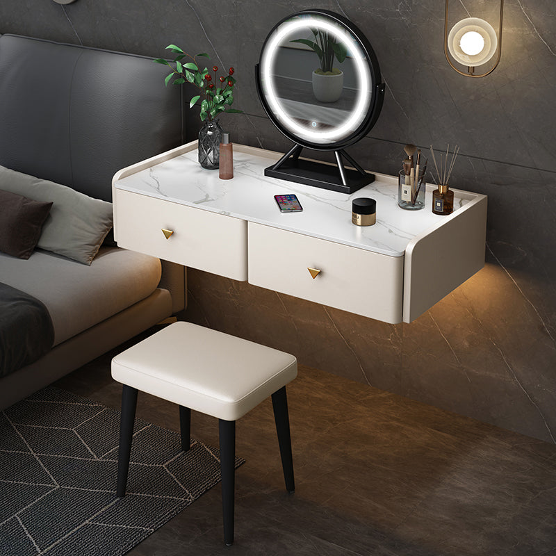 Contemporary Double Drawers Make-up Vanity Marble Makeup Vanity Desk Table Makeup Vanity & Mirror & Stools 31"L x 17"W x 7"H Off-White Clearhalo 'Bedroom Furniture' 'furn' 'furn_makeup_vanities' 'Furniture' 'Makeup Vanities' 'makeup_vanities' 7277288