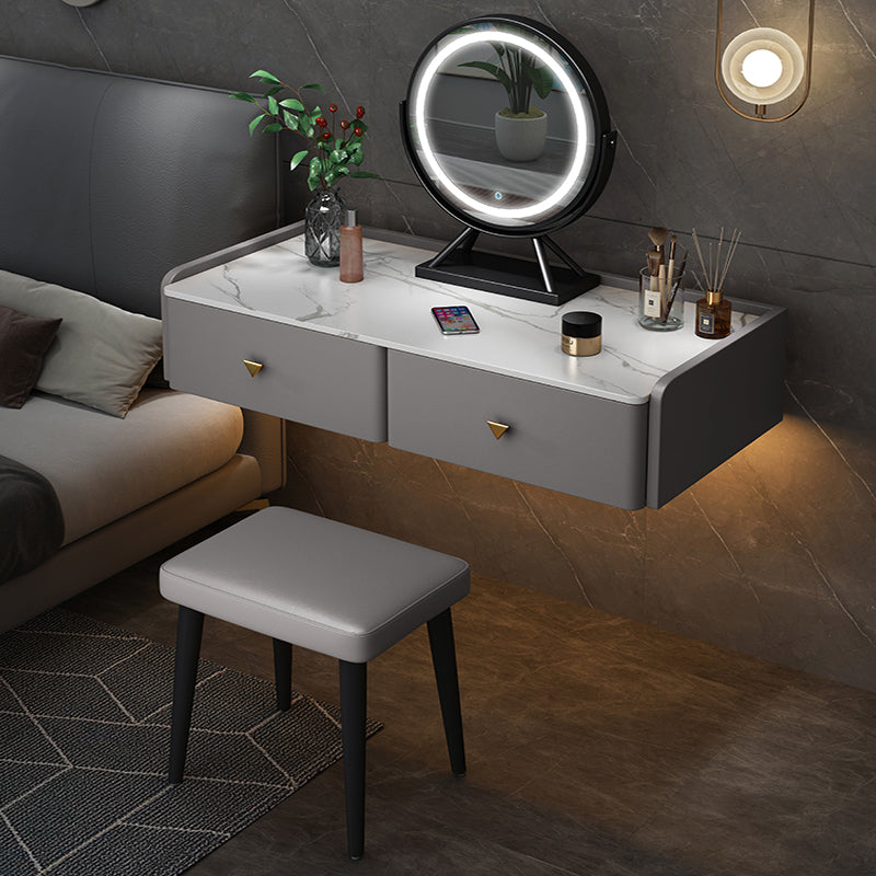 Contemporary Double Drawers Make-up Vanity Marble Makeup Vanity Desk Table Makeup Vanity & Mirror & Stools 39"L x 17"W x 7"H Light Gray Clearhalo 'Bedroom Furniture' 'furn' 'furn_makeup_vanities' 'Furniture' 'Makeup Vanities' 'makeup_vanities' 7277292