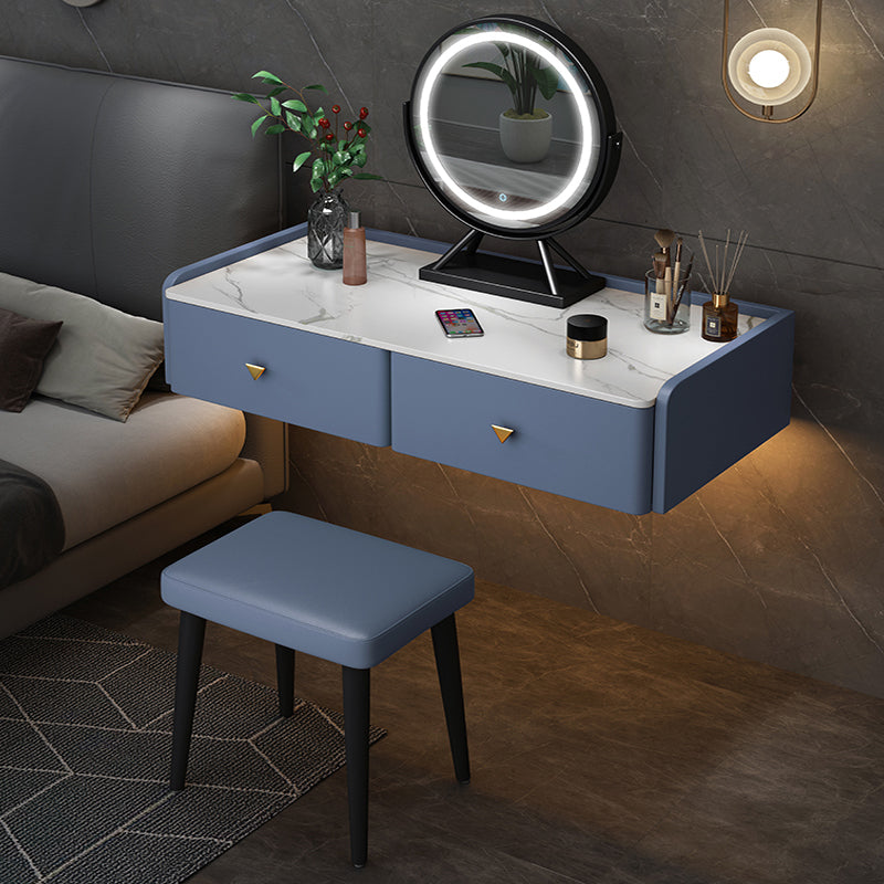 Contemporary Double Drawers Make-up Vanity Marble Makeup Vanity Desk Table Makeup Vanity & Mirror & Stools 39"L x 17"W x 7"H Blue Clearhalo 'Bedroom Furniture' 'furn' 'furn_makeup_vanities' 'Furniture' 'Makeup Vanities' 'makeup_vanities' 7277294