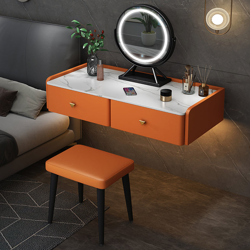 Contemporary Double Drawers Make-up Vanity Marble Makeup Vanity Desk Table Makeup Vanity & Mirror & Stools 39"L x 17"W x 7"H Orange Clearhalo 'Bedroom Furniture' 'furn' 'furn_makeup_vanities' 'Furniture' 'Makeup Vanities' 'makeup_vanities' 7277296