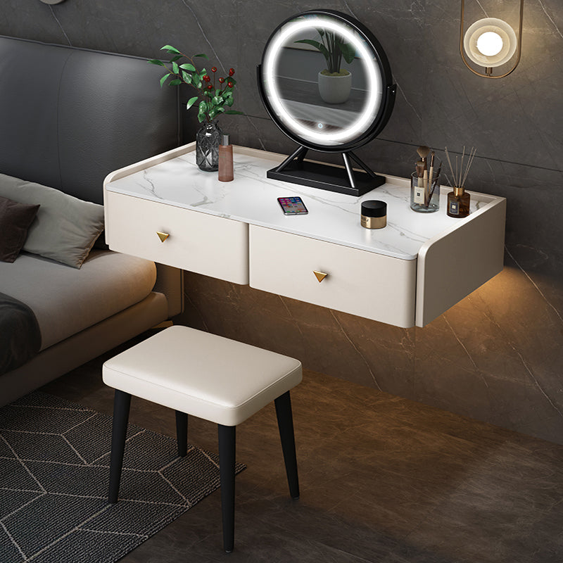 Contemporary Double Drawers Make-up Vanity Marble Makeup Vanity Desk Table Makeup Vanity & Mirror & Stools 39"L x 17"W x 7"H Off-White Clearhalo 'Bedroom Furniture' 'furn' 'furn_makeup_vanities' 'Furniture' 'Makeup Vanities' 'makeup_vanities' 7277298