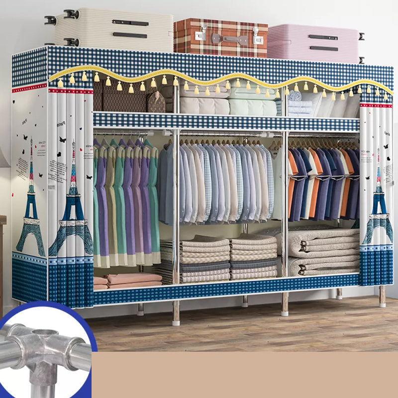 Freestanding Metal Frame Wardrobe Modern Removable Wardrobe with Legs 98.5"L x 18"W x 67"H White-Blue Clearhalo 'Armoires & Wardrobes' 'armoires_wardrobes' 'Bedroom Furniture' 'furn' 'furn_armoires_wardrobes' 'Furniture' 7281953