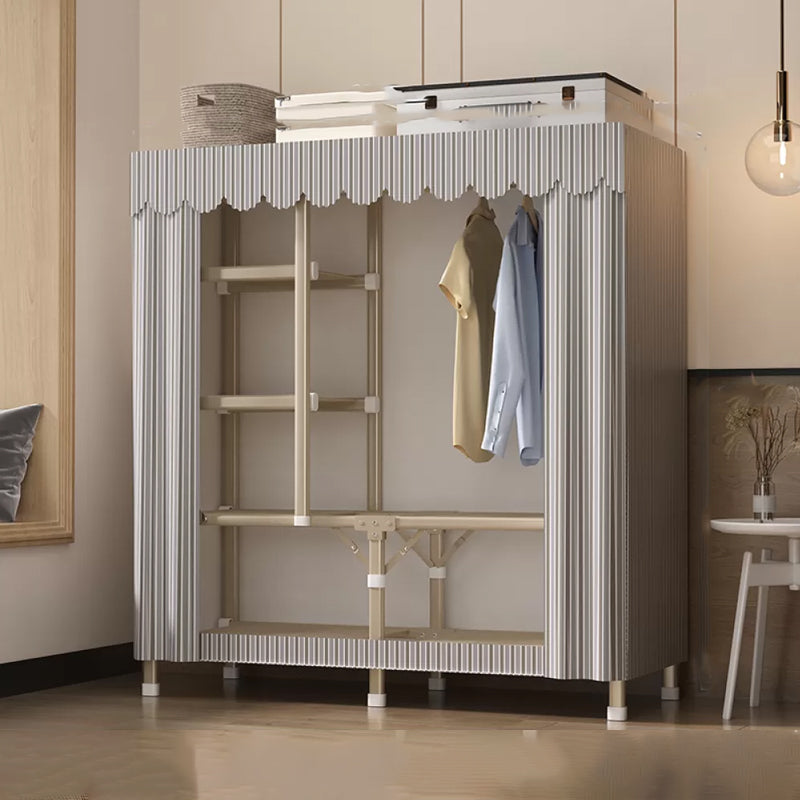 Foldable Metal Frame Wardrobe Armoire Freestanding Wardrobe with Shelves 50"L x 18"W x 63"H Light Gray Striped 4 Clearhalo 'Armoires & Wardrobes' 'armoires_wardrobes' 'Bedroom Furniture' 'furn' 'furn_armoires_wardrobes' 'Furniture' 7288248