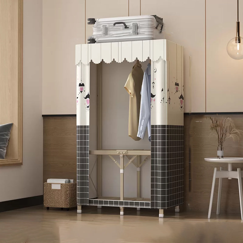 Foldable Metal Frame Wardrobe Armoire Freestanding Wardrobe with Shelves 29.5"L x 18"W x 63"H Gray-White Plaid 2 Clearhalo 'Armoires & Wardrobes' 'armoires_wardrobes' 'Bedroom Furniture' 'furn' 'furn_armoires_wardrobes' 'Furniture' 7288251