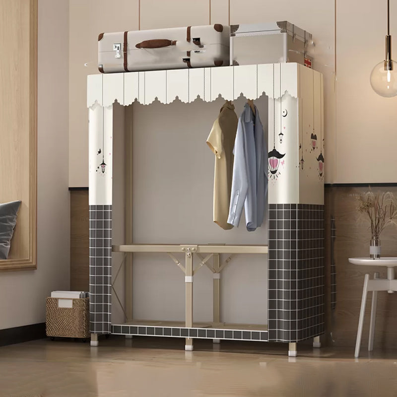 Foldable Metal Frame Wardrobe Armoire Freestanding Wardrobe with Shelves 43"L x 18"W x 63"H Gray-White Plaid 2 Clearhalo 'Armoires & Wardrobes' 'armoires_wardrobes' 'Bedroom Furniture' 'furn' 'furn_armoires_wardrobes' 'Furniture' 7288252