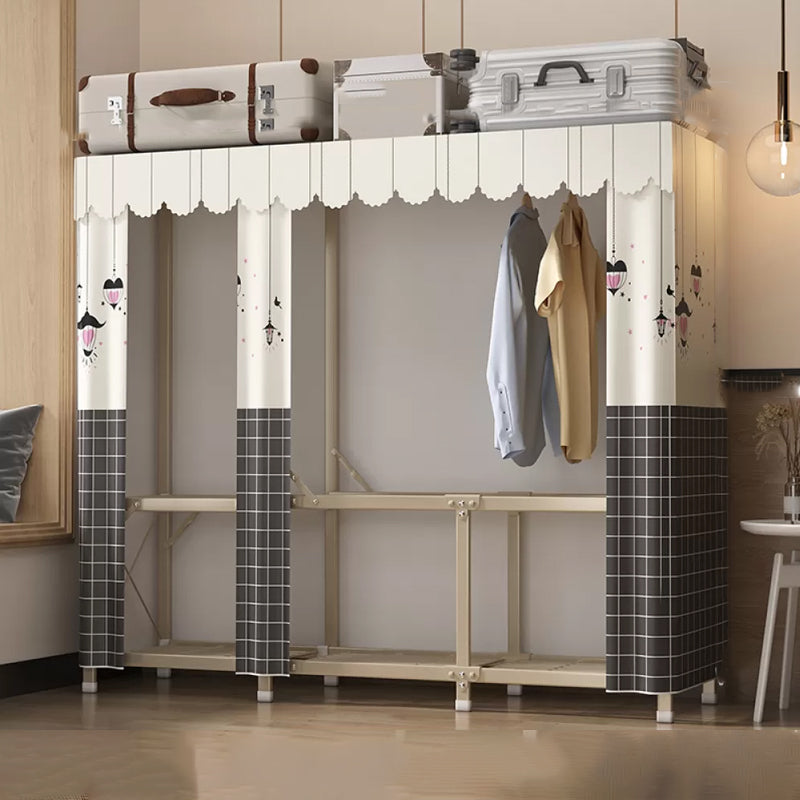 Foldable Metal Frame Wardrobe Armoire Freestanding Wardrobe with Shelves 64"L x 18"W x 63"H Gray-White Plaid 4 Clearhalo 'Armoires & Wardrobes' 'armoires_wardrobes' 'Bedroom Furniture' 'furn' 'furn_armoires_wardrobes' 'Furniture' 7288253