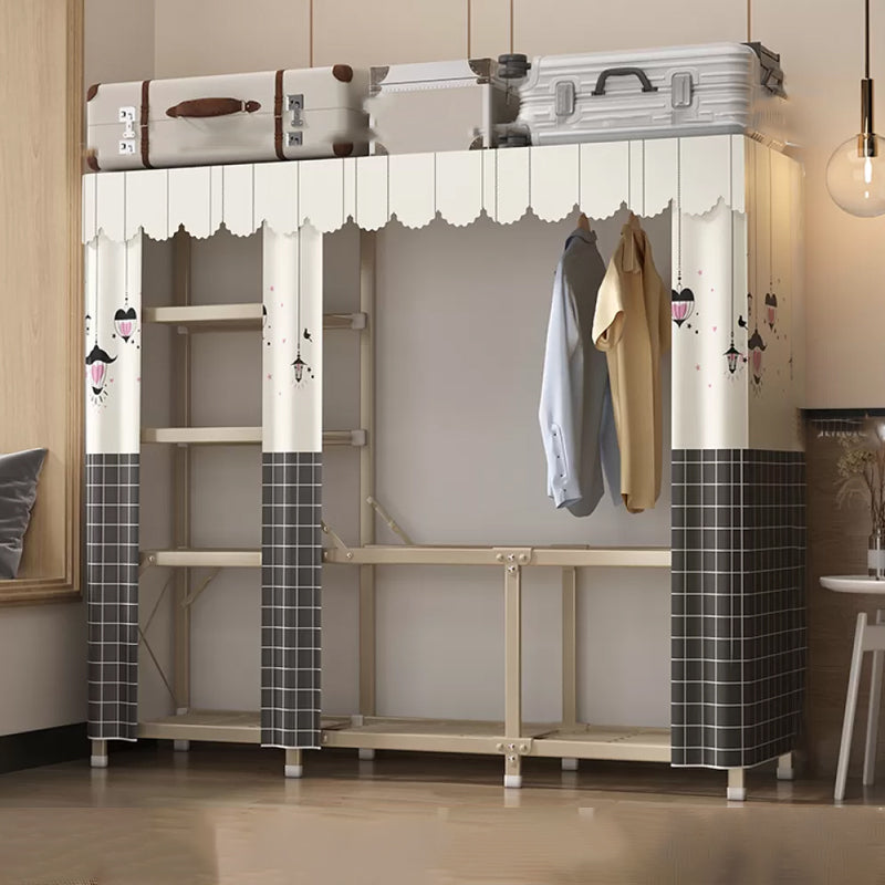 Foldable Metal Frame Wardrobe Armoire Freestanding Wardrobe with Shelves 64"L x 18"W x 63"H Gray-White Plaid 6 Clearhalo 'Armoires & Wardrobes' 'armoires_wardrobes' 'Bedroom Furniture' 'furn' 'furn_armoires_wardrobes' 'Furniture' 7288256