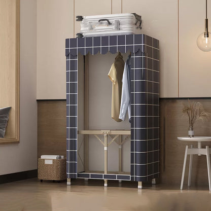 Foldable Metal Frame Wardrobe Armoire Freestanding Wardrobe with Shelves 29.5"L x 18"W x 63"H Blue Plaid 2 Clearhalo 'Armoires & Wardrobes' 'armoires_wardrobes' 'Bedroom Furniture' 'furn' 'furn_armoires_wardrobes' 'Furniture' 7288257