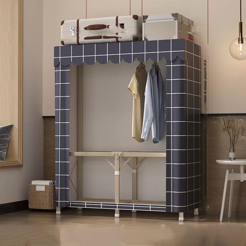 Foldable Metal Frame Wardrobe Armoire Freestanding Wardrobe with Shelves 43"L x 18"W x 63"H Blue Plaid 2 Clearhalo 'Armoires & Wardrobes' 'armoires_wardrobes' 'Bedroom Furniture' 'furn' 'furn_armoires_wardrobes' 'Furniture' 7288258