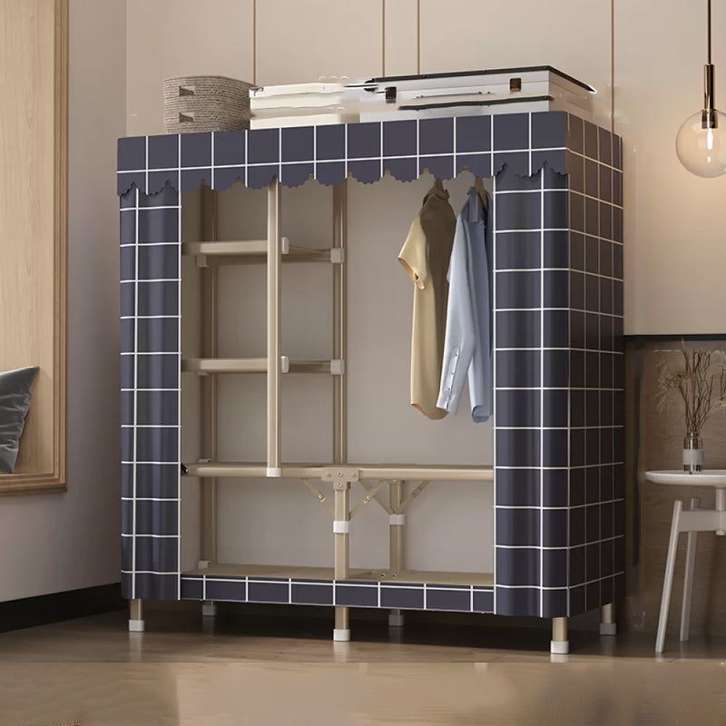 Foldable Metal Frame Wardrobe Armoire Freestanding Wardrobe with Shelves 50"L x 18"W x 63"H Blue Plaid 4 Clearhalo 'Armoires & Wardrobes' 'armoires_wardrobes' 'Bedroom Furniture' 'furn' 'furn_armoires_wardrobes' 'Furniture' 7288260