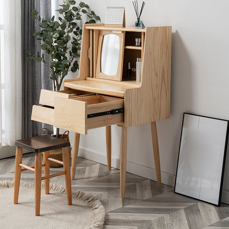 Taburete de tocador de mesa de maquillaje de madera sólida con cajones y espejo en Brone