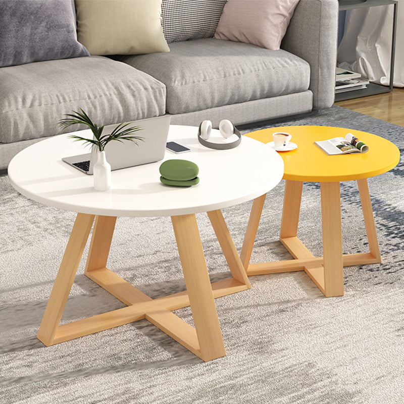 Solid Wood Coffee Table Round Cross Legs Bunching Coffee Table Set 28"L x 28"W x 18"H + 20"L x 20"W x 16"H White Yellow Clearhalo 'Coffee & Accent Tables' 'Coffee Tables' 'coffee_tables' 'furn' 'furn_coffee_tables' 'Furniture' 'Living Room Furniture' 7290670