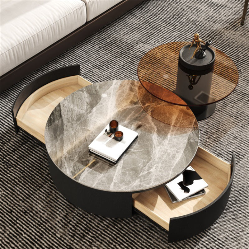 Modern Slate Coffee Table Round Bunching Coffee Table Set with Drawer Grey Clearhalo 'Coffee & Accent Tables' 'Coffee Tables' 'coffee_tables' 'furn' 'furn_coffee_tables' 'Furniture' 'Living Room Furniture' 7290684